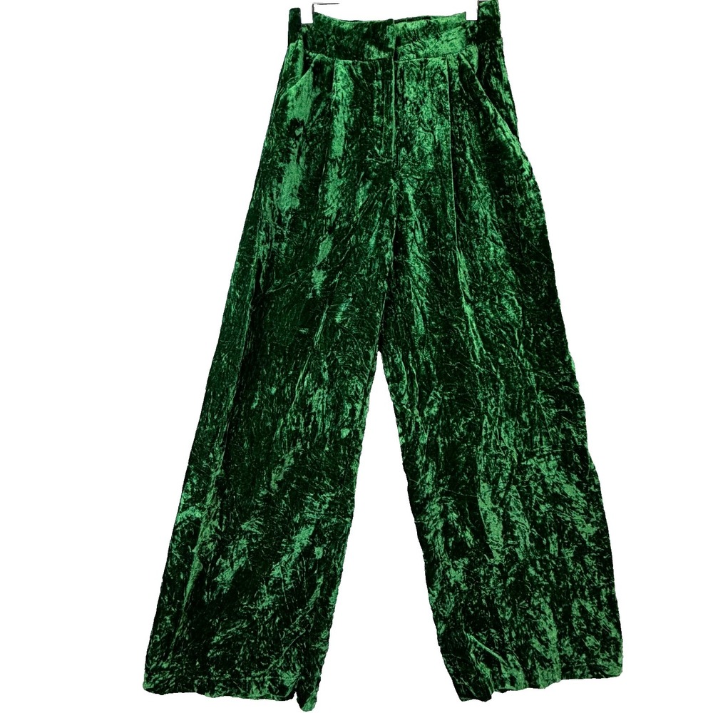 12th Tribe Rhea Emerald Velvet Pants Womens XS Green Stretch High Rise Wide Leg